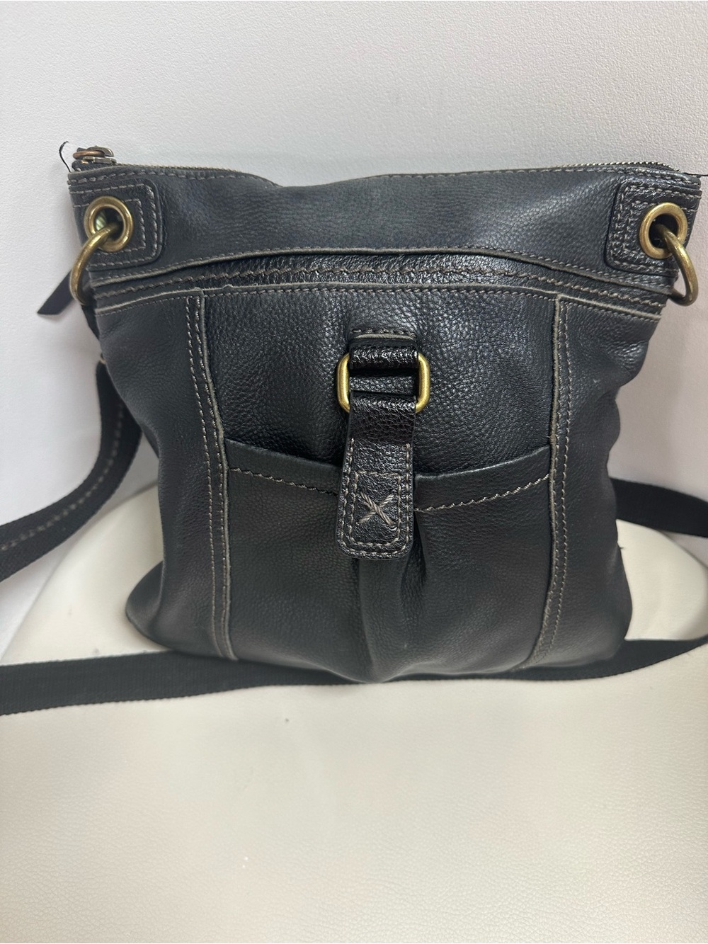 The Sak Black Pebbled Leather Crossbody Bag Brass Hardware Boho Purse
